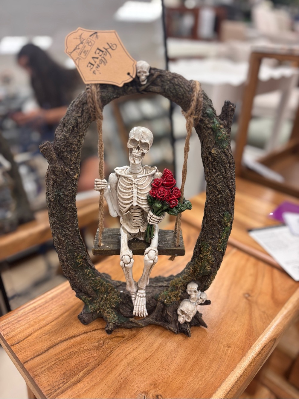 Viral Skeleton on Swing with Red Roses Figurine
